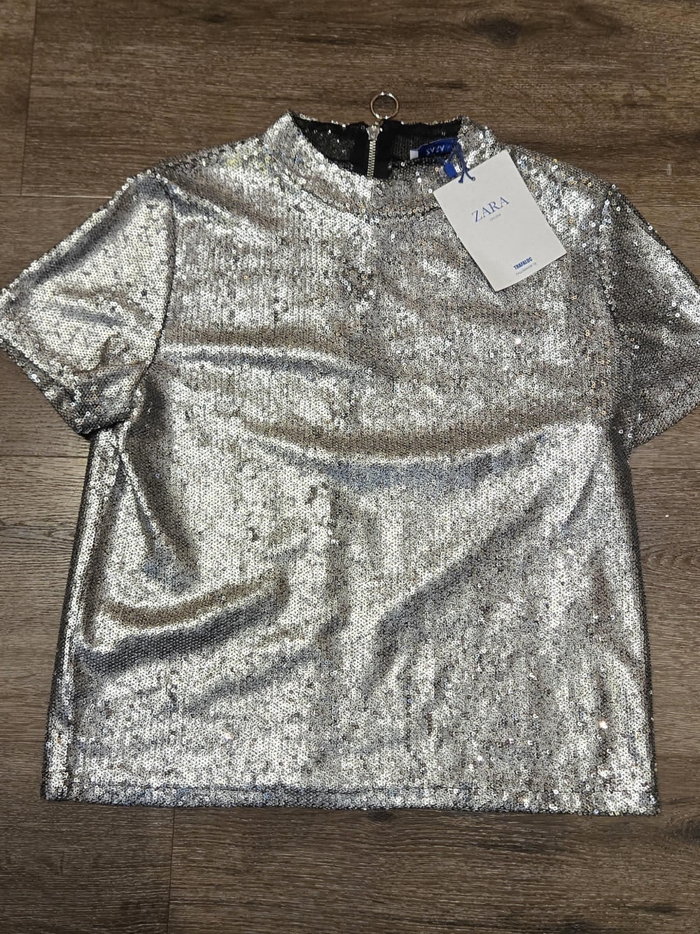 Zara Trafaluc Silver Sequin Short Sleeve Top - NWT - Picture 2 of 5
